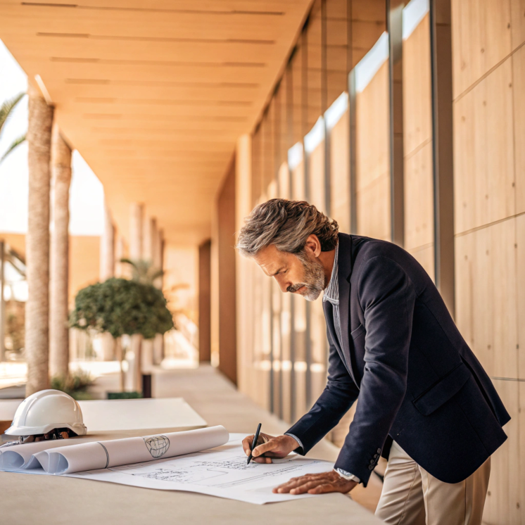 Ingeniero civil examinando edificio moderno